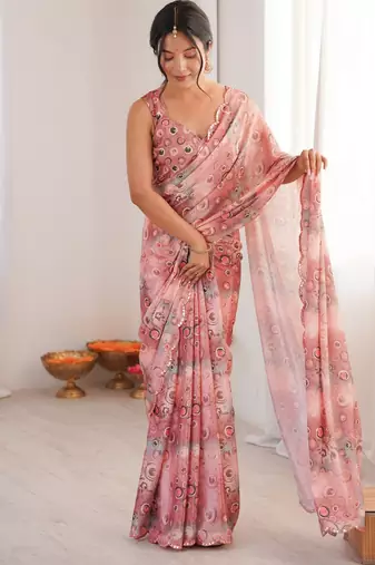 peach color chinon fabric digital print smart ethnic saree