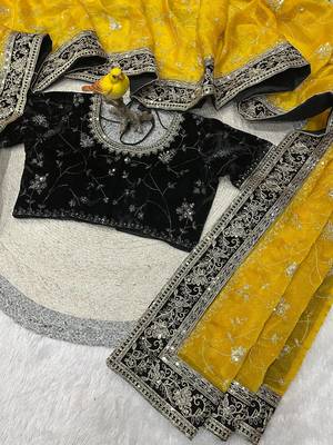 Yellow Color Jari,Sequins And Embroidery Vlevet Fabric Lace Work Silk Blend Saree 1