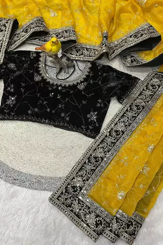 Yellow Color Jari,Sequins And Embroidery Vlevet Fabric Lace Work Silk Blend Saree