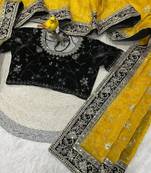 Yellow Color Jari,Sequins And Embroidery Vlevet Fabric Lace Work Silk Blend Saree