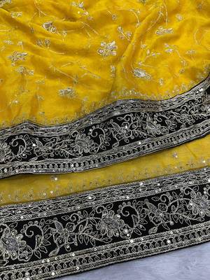 Yellow Color Jari,Sequins And Embroidery Vlevet Fabric Lace Work Silk Blend Saree 3