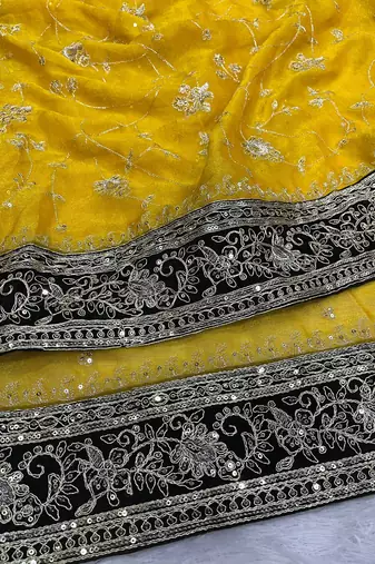 Yellow Color Jari,Sequins And Embroidery Vlevet Fabric Lace Work Silk Blend Saree