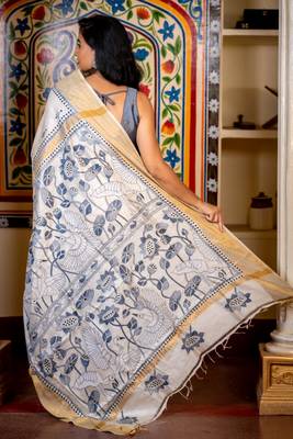 off white hand woven tussar kantha work all seasons sarees 3