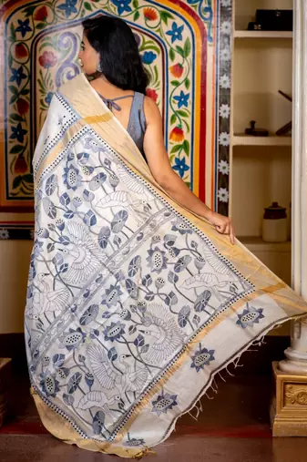 off white hand woven tussar kantha work all seasons sarees