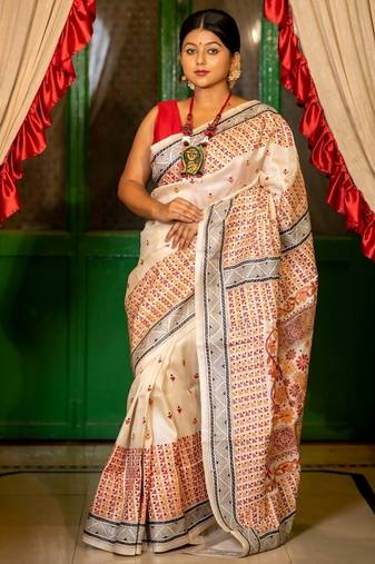 off white hand woven tussar kantha work all seasons sarees