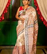 off white hand woven tussar kantha work all seasons sarees