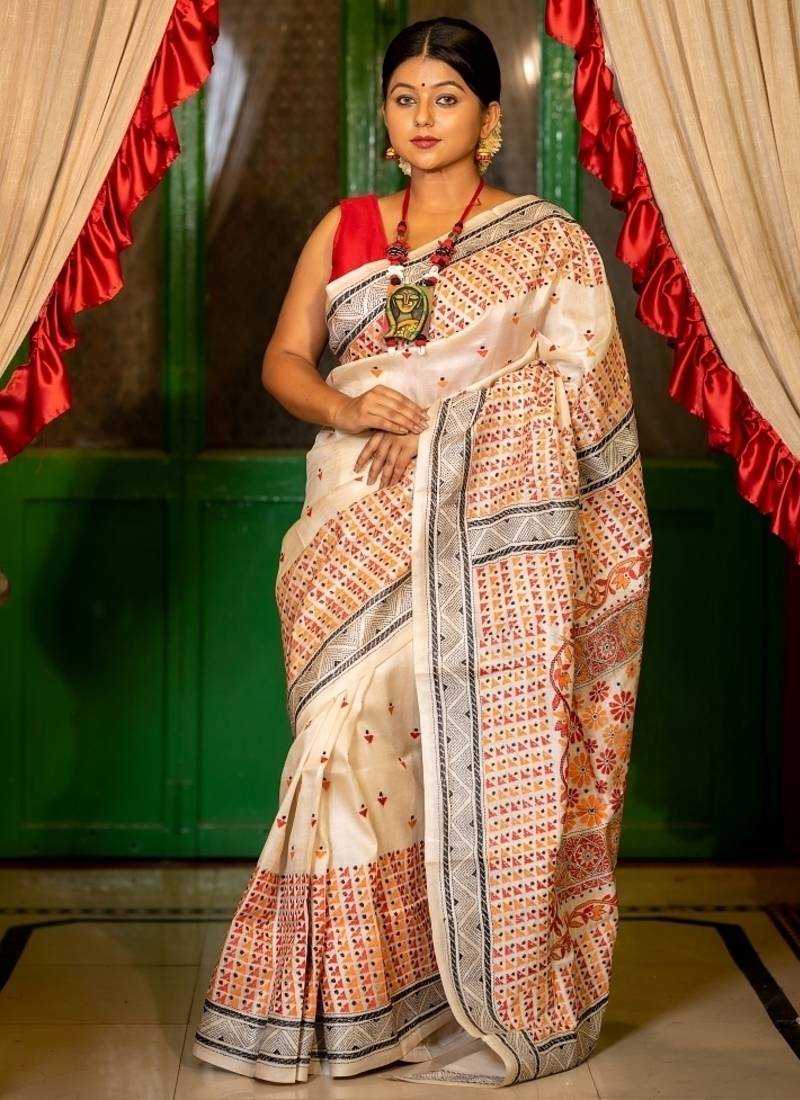 off white hand woven tussar kantha work all seasons sarees