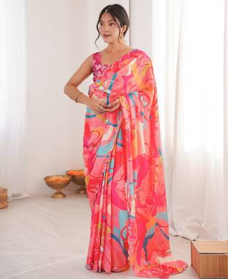 pink chinon digital print smart ethnic saree 1