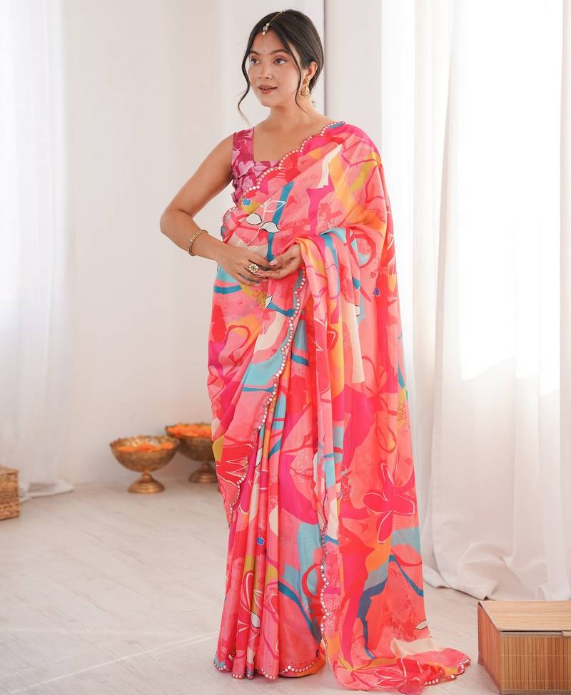 pink color chinon fabric digital print smart ethnic saree