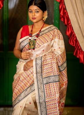 off white hand woven tussar kantha work all seasons sarees 2