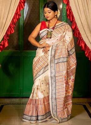 off white hand woven tussar kantha work all seasons sarees 3
