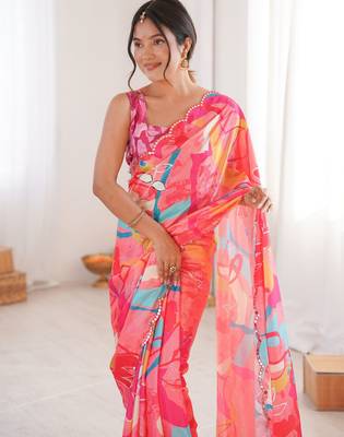 pink chinon digital print smart ethnic saree 3