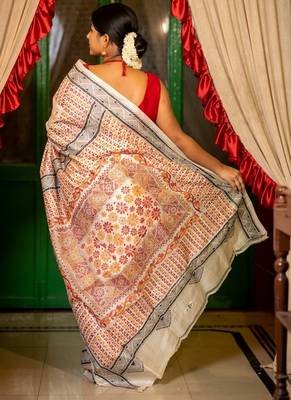 off white hand woven tussar kantha work all seasons sarees 4