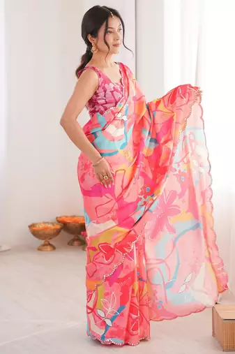 pink chinon digital print smart ethnic saree