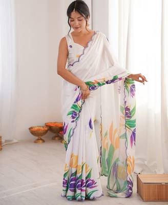 white chinon digital print smart ethnic saree 1