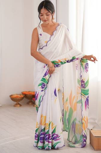 white color chinon fabric digital print smart ethnic saree