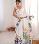 white color chinon fabric digital print smart ethnic saree
