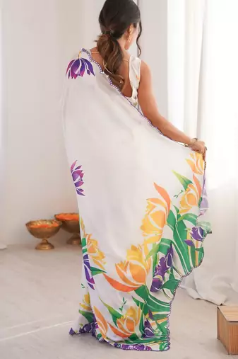 white chinon digital print smart ethnic saree