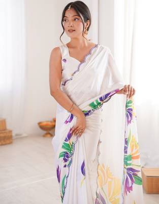 white chinon digital print smart ethnic saree 3