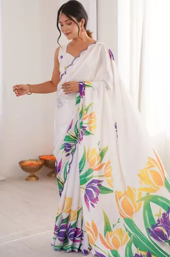 white chinon digital print smart ethnic saree