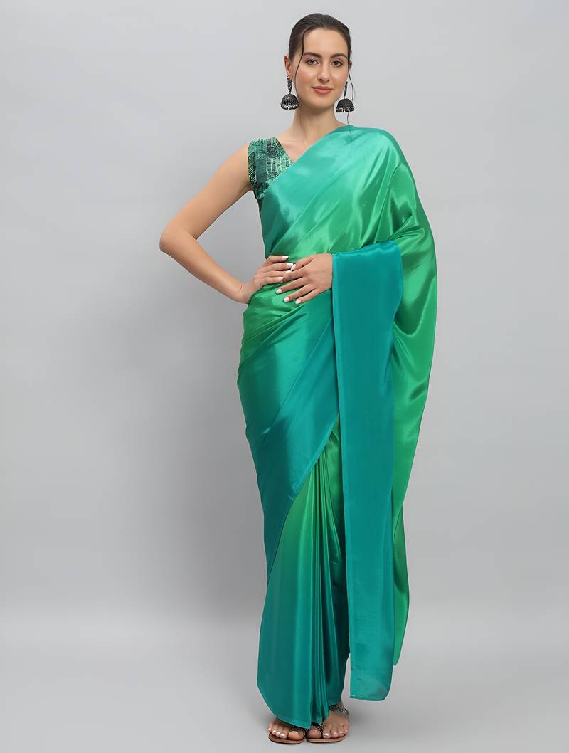 parrot green color ready to wear chinon fabric saree for stylish looks