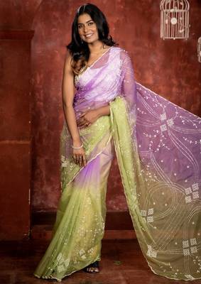 green woven organza sequins work all seasons sarees 3