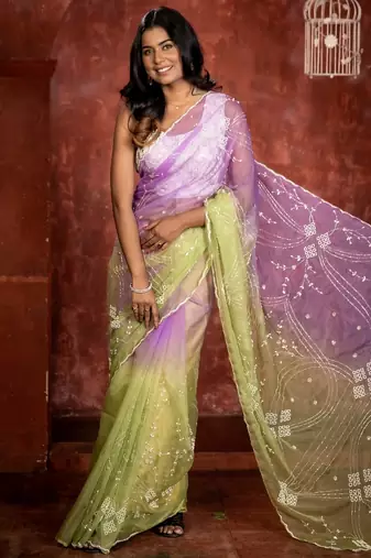 green woven organza sequins work all seasons sarees