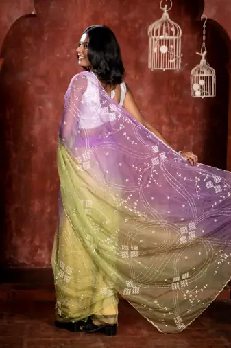 green woven organza sequins work all seasons sarees