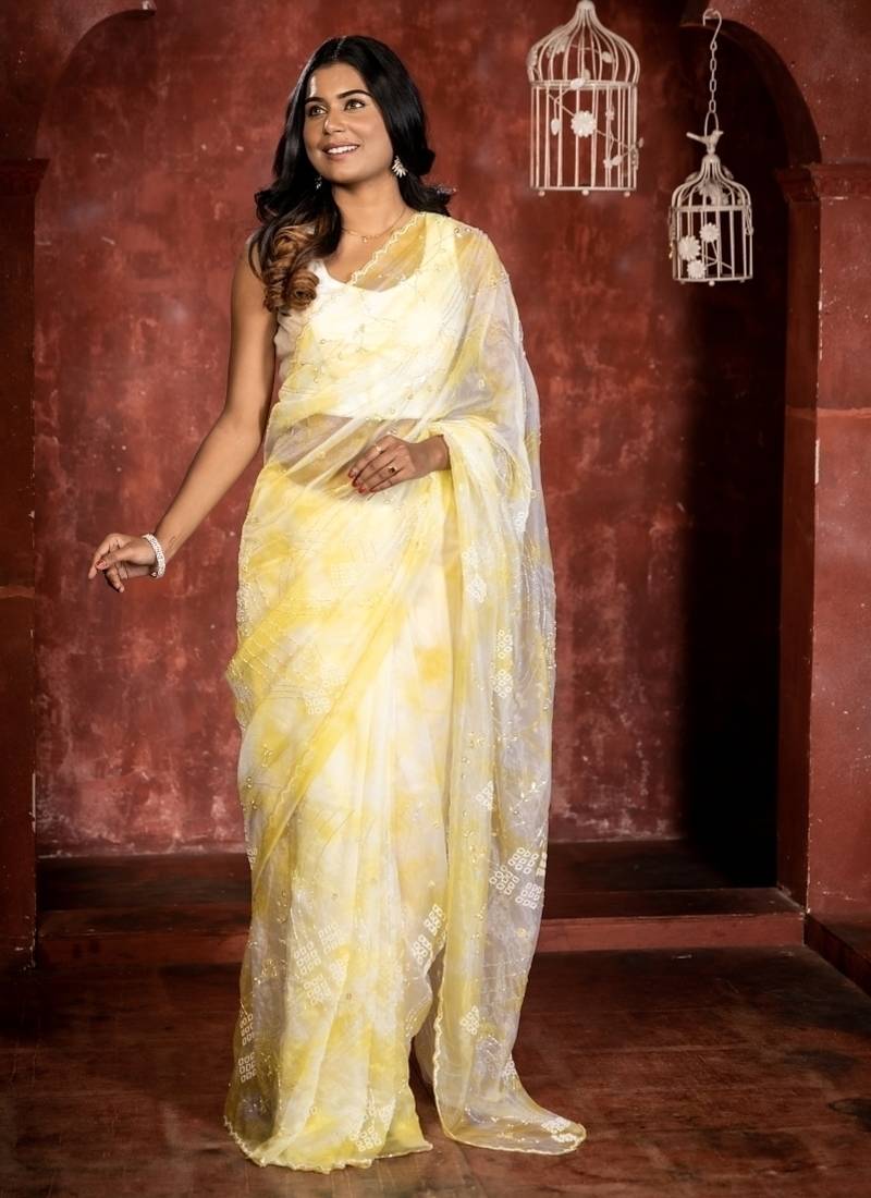 multicolor woven organza sequins work all seasons sarees