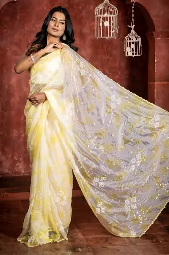 multicolor woven organza sequins work all seasons sarees
