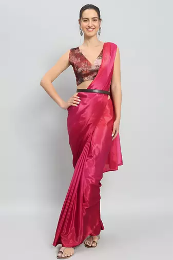 pink color ready to wear chinon fabric saree for stylish looks