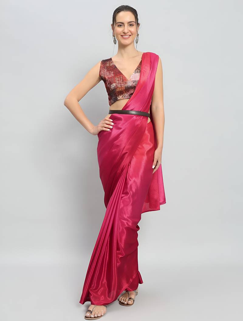 pink color ready to wear chinon fabric saree for stylish looks