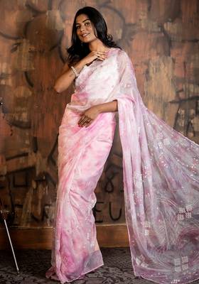 pink woven organza sequins work all seasons sarees 3