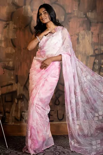 pink woven organza sequins work all seasons sarees