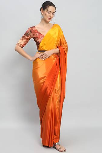 yellow color ready to wear chinon fabric saree for stylish looks