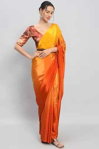 yellow color ready to wear chinon fabric saree for stylish looks
