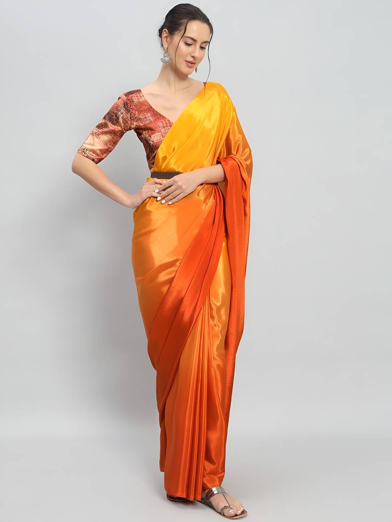 yellow color ready to wear chinon fabric saree for stylish looks