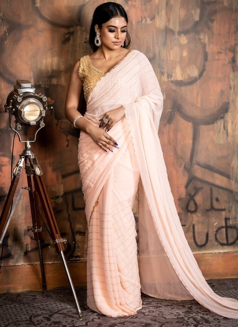 peach woven georgette cutdana work all seasons sarees
