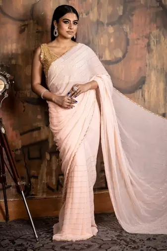 peach woven georgette cutdana work all seasons sarees