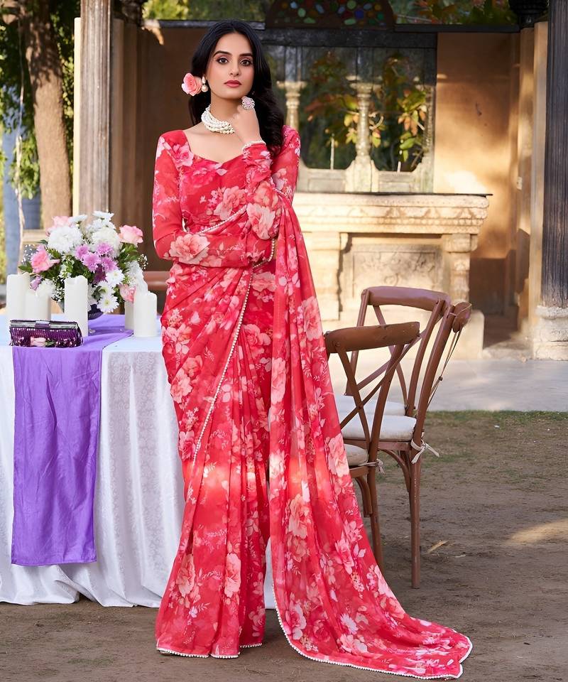 red color georgette fabric beautiful floral printed saree
