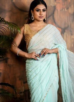 green woven georgette cutdana work all seasons sarees 2