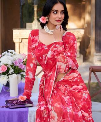 red georgette floral printed saree 2