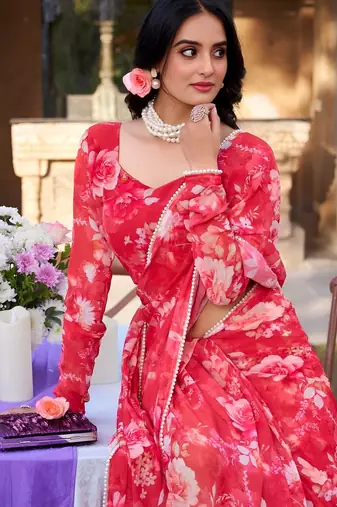 red georgette floral printed saree