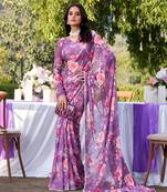 purple color georgette fabric beautiful floral printed saree