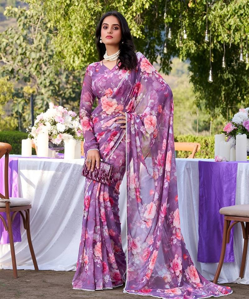 purple color georgette fabric beautiful floral printed saree