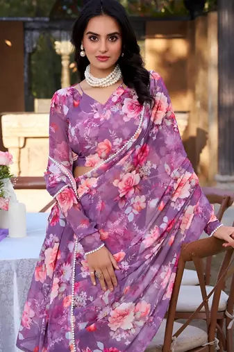 purple georgette floral printed saree