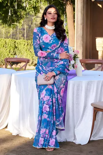 blue color georgette fabric beautiful floral printed saree