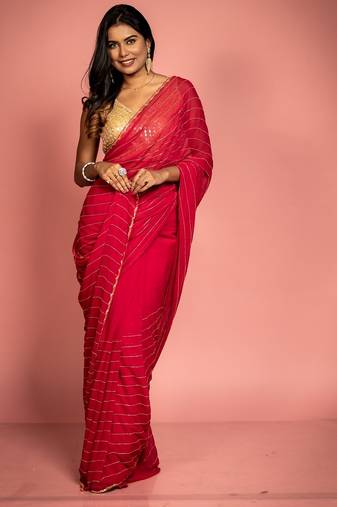pink woven georgette cutdana work all seasons sarees
