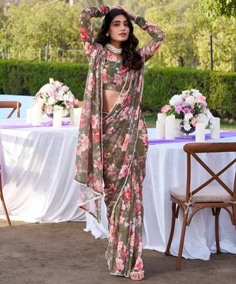 green georgette floral printed saree 1