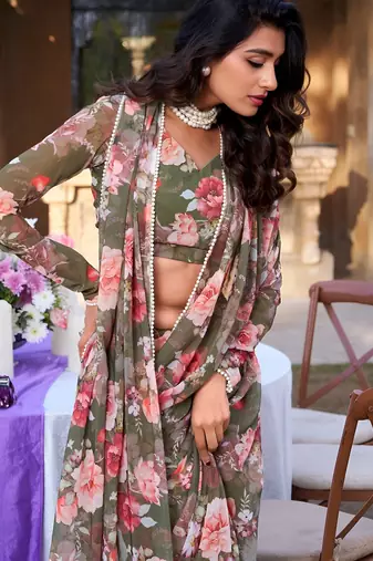 green georgette floral printed saree